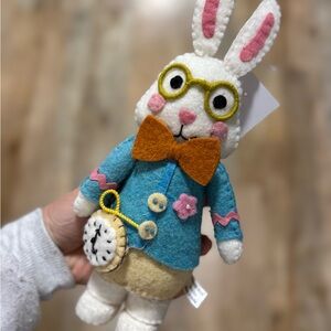 Felt White Rabbit Plush with Blue Jacket and Orange Bow Tie